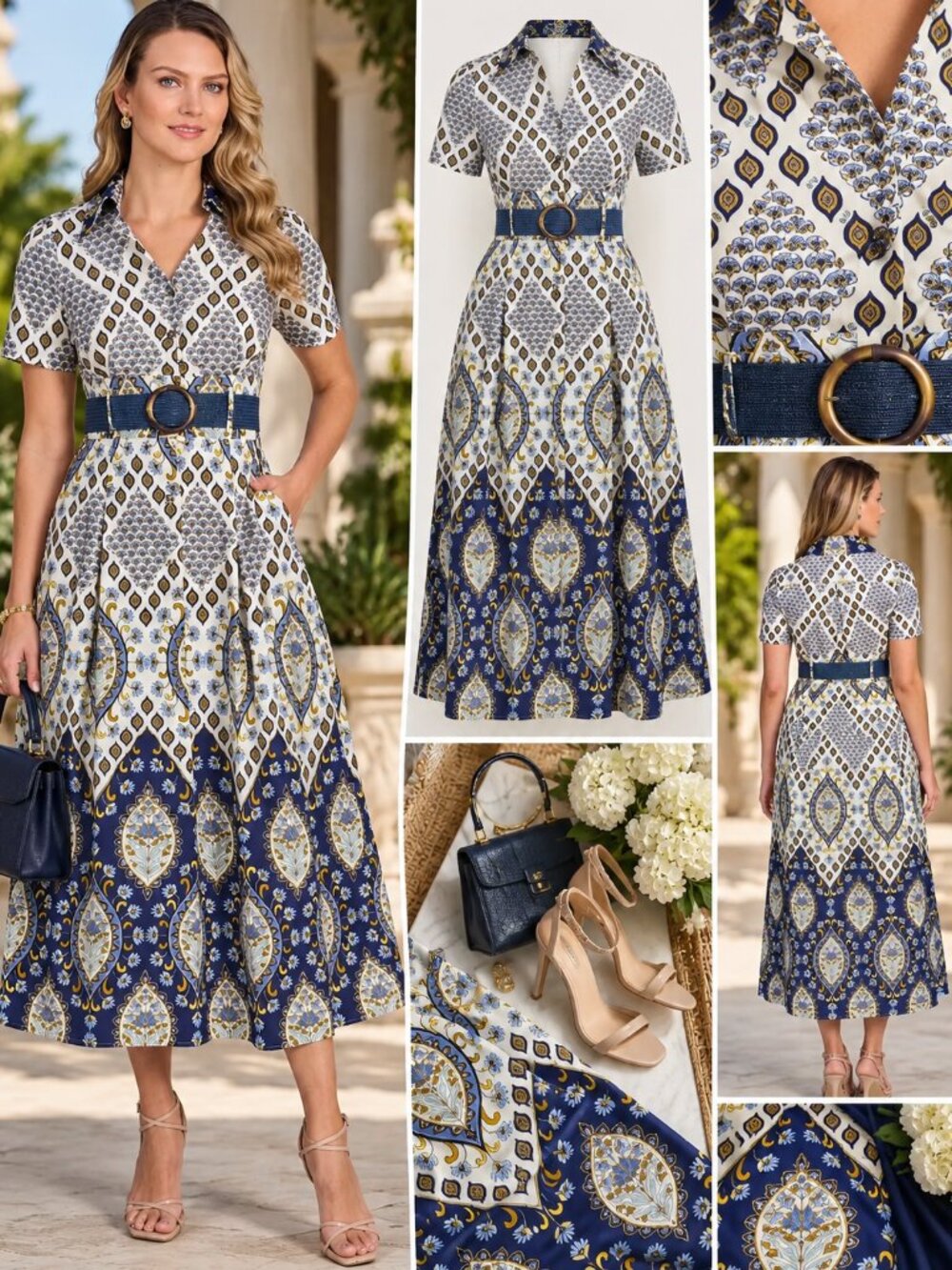 Jessica Howard Petite Belted Collared Midi Shirtdress Cream Navy 14P NWT